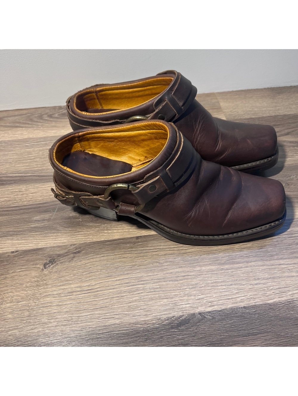 Frye brown leather harness mule clogs, women's size 8